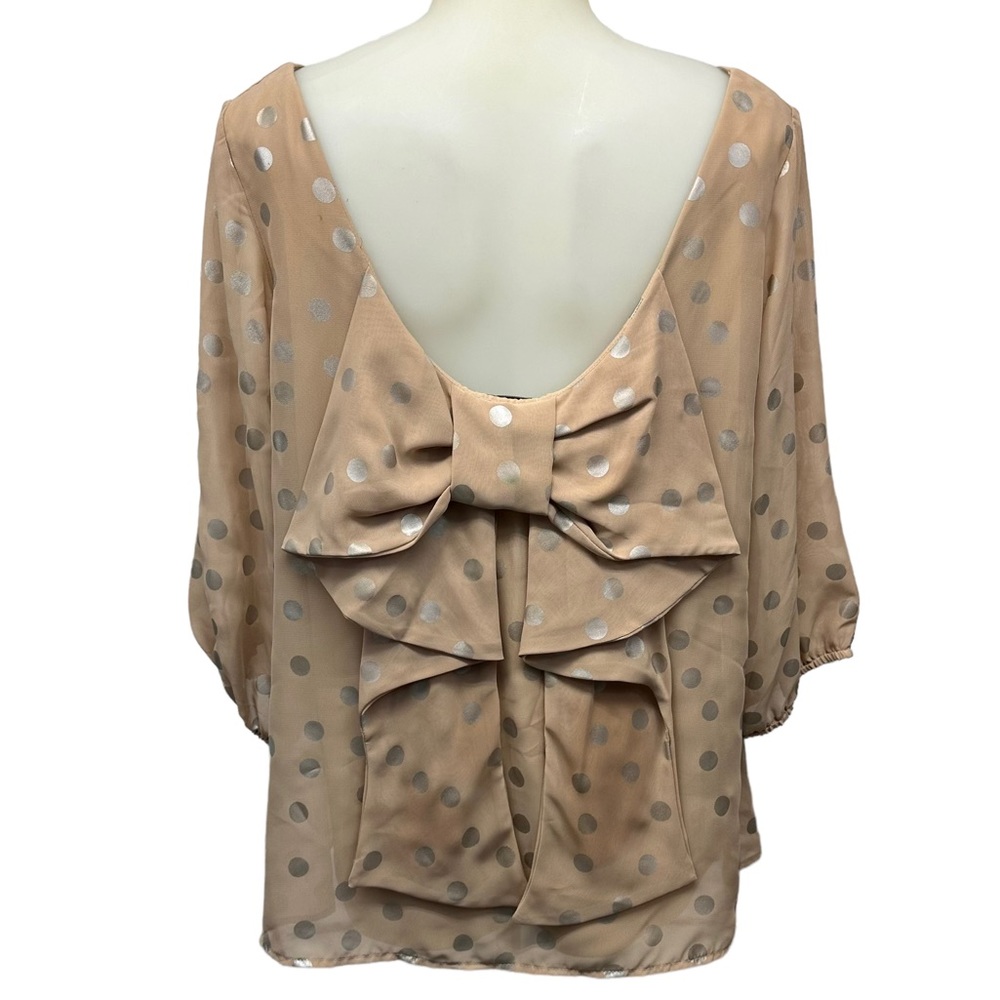 JUDITH MARCH Blouse USA Women’s Bow Tan Metallic Polka Dot Size Large